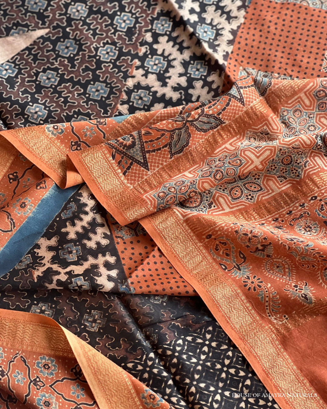 Laila Madder & Indigo Naturally Dyed Ajrakh Chanderi Saree - HOAN