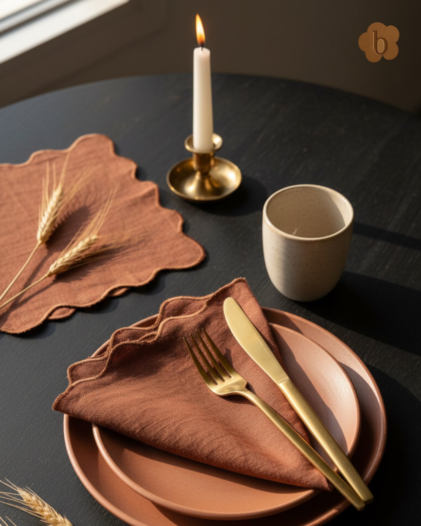 Earthy Brown Scalloped 100% Linen Table Napkin | HOUSE OF AMAYRA