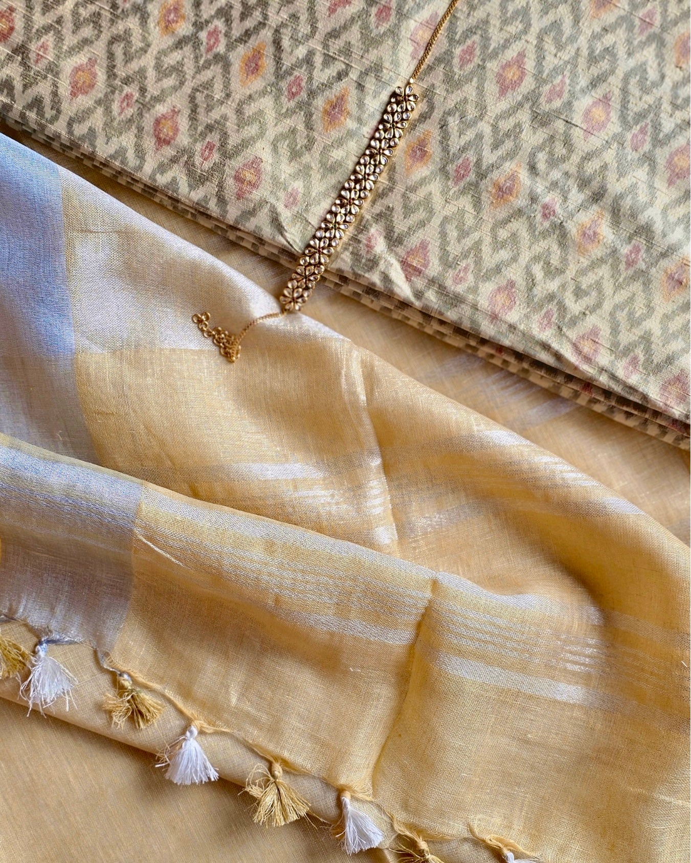 Rekha Ecru Linen Saree with Ikat Silk Blouse - House of Amayra