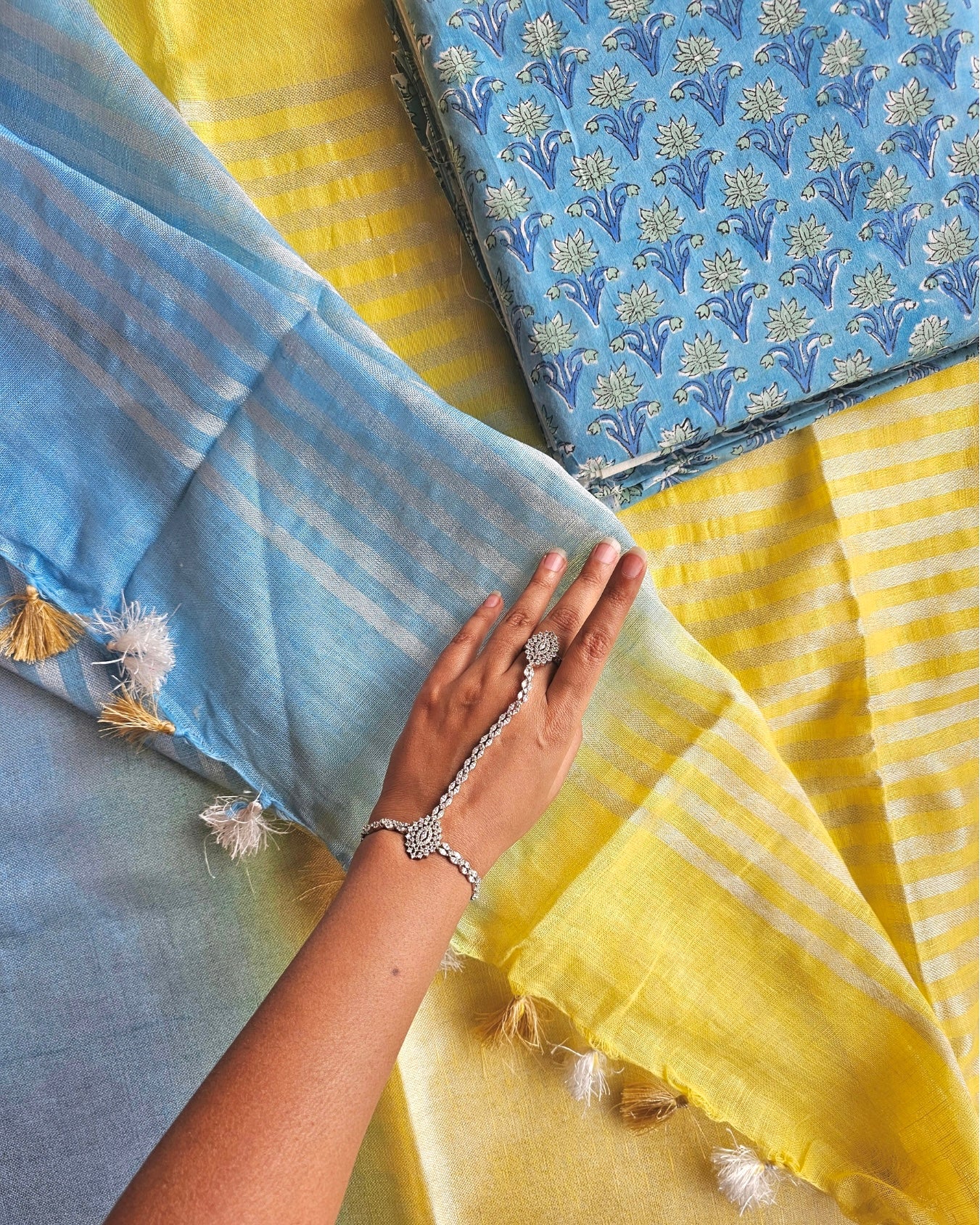 Neelam Ombre Linen Saree with Hand Block Cotton Blouse - House of Amayra