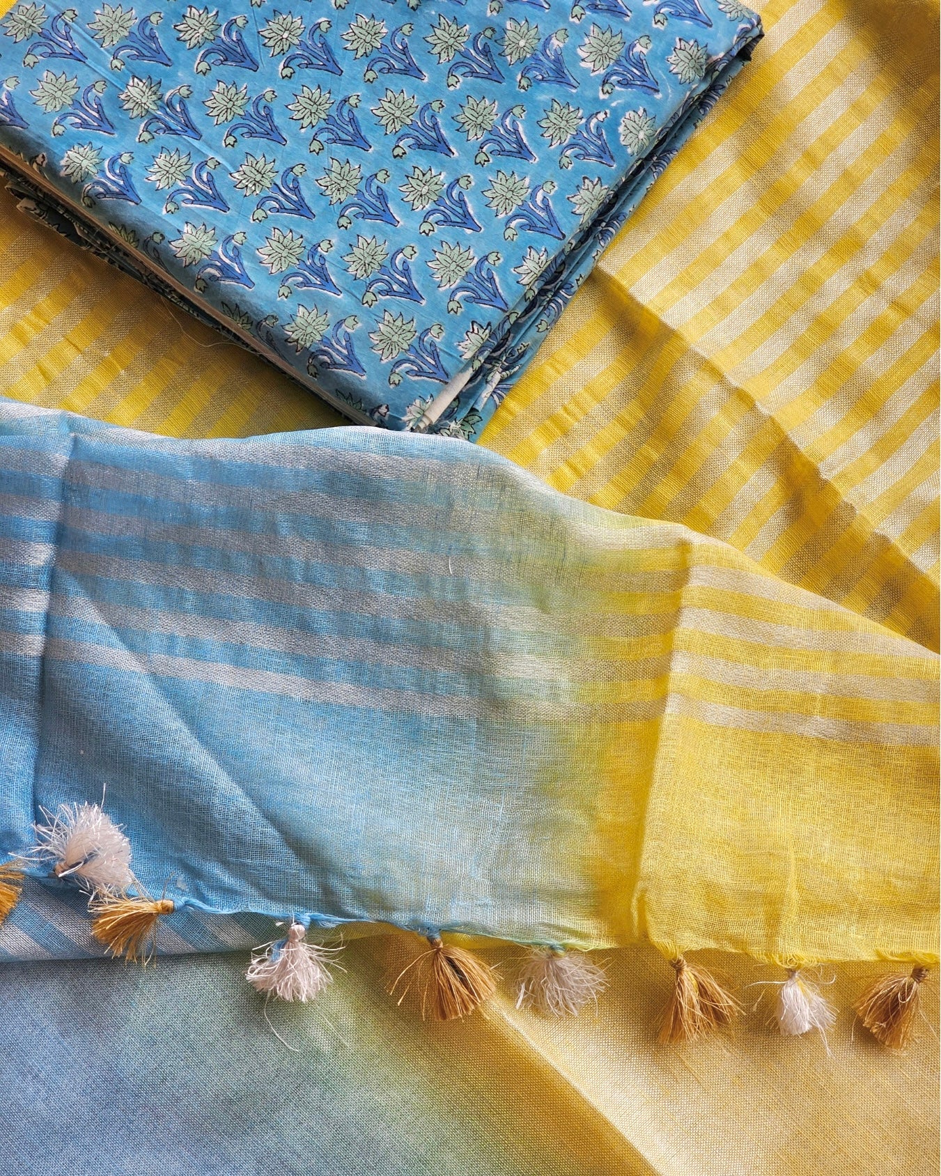 Neelam Ombre Linen Saree with Hand Block Cotton Blouse - House of Amayra
