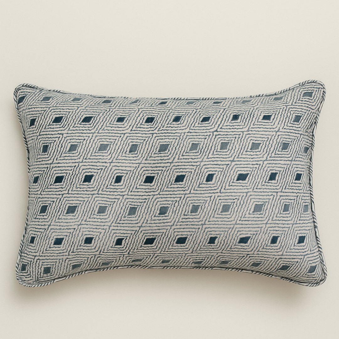 The Blue Geo 100% Linen Cushion Cover - 12X18 inch