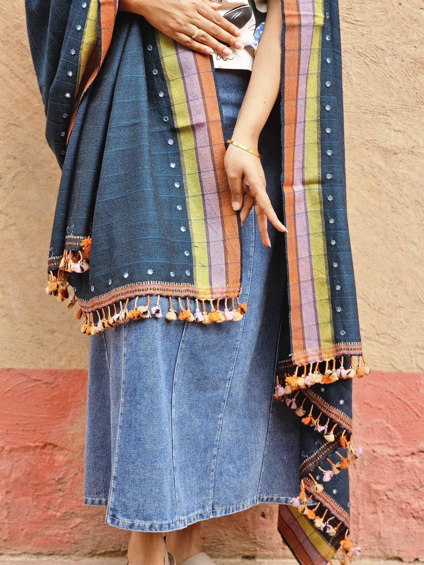 Adbhut Kala Cotton and Merino with Mirror Embroidery Bhujodi Weave Dupatta - House of Amayra Naturals