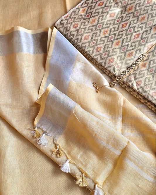 Rekha Ecru Linen Saree with Ikat Silk Blouse - House of Amayra
