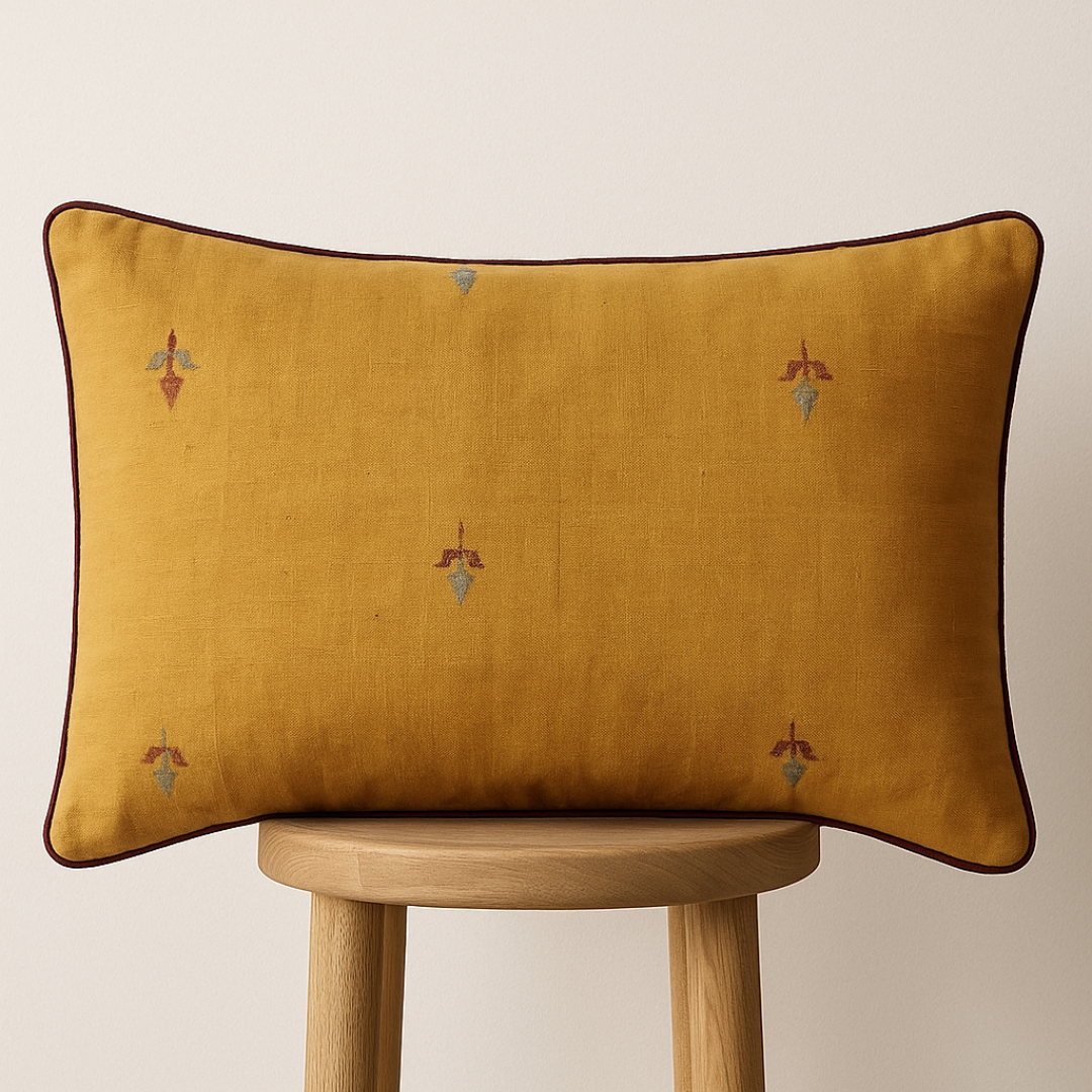 Marigold Mist Handwoven Jamdani Cushion Cover | Premium 12x18 Inch Decorative Pillow | Bloc à Main India