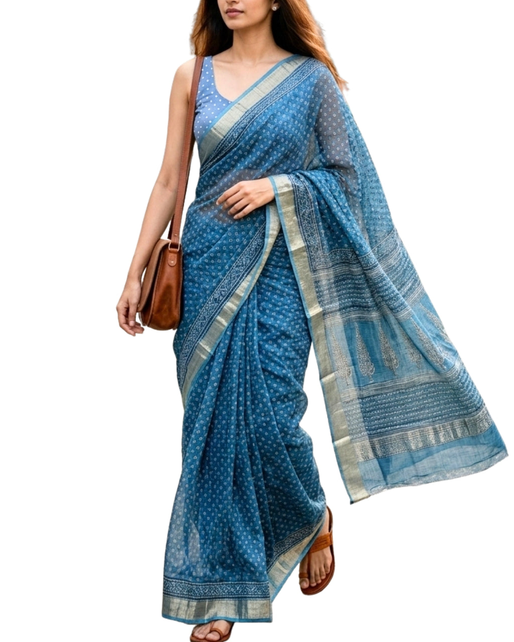 Azure Sky Ajrakh Kota Saree - Naturally Dyed - House of Amayra