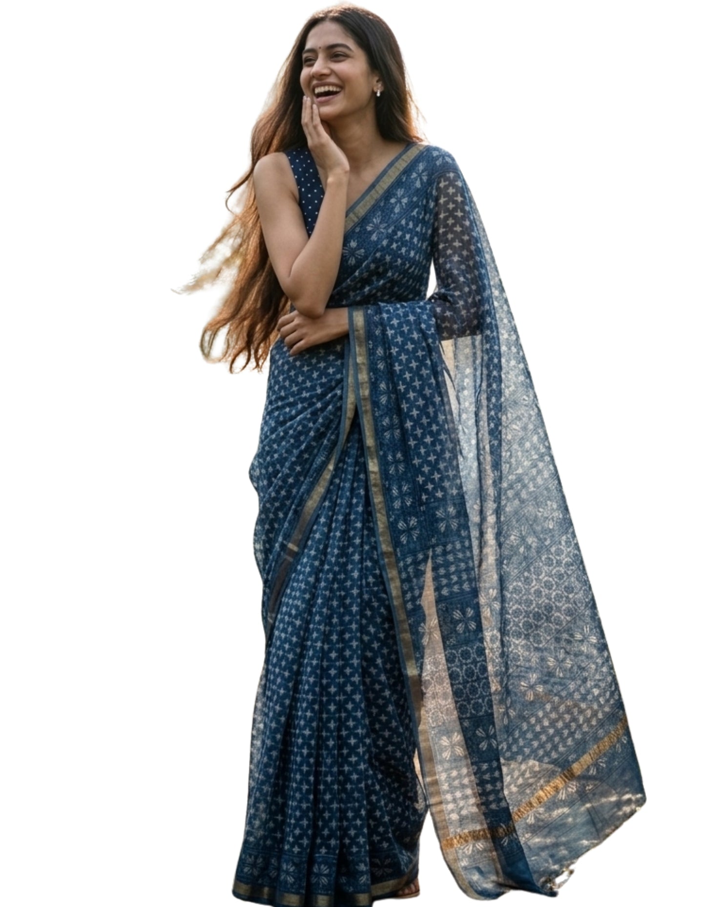 Indigo Jali Ajrakh Kota Saree - Naturally Dyed - House of Amayra