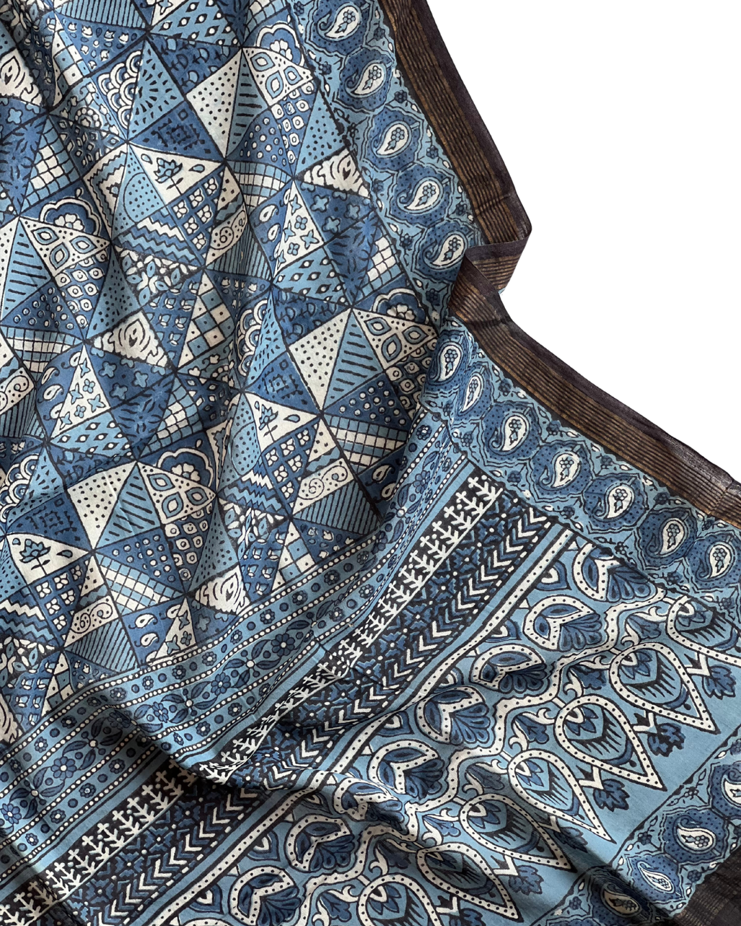 Rann Sky Naturally Dyed Ajrakh Mangalgiri Cotton Dupatta - HOAN