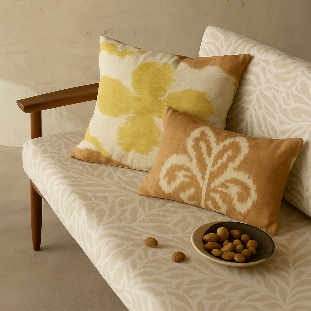 Golden Hibiscus Handwoven Ikat Cotton Cushion Cover | Premium 12x18 Inch Decorative Pillow | Bloc à Main India