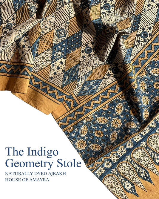 The Indigo Geometry Ajrakh Cotton Stole - House of Amayra