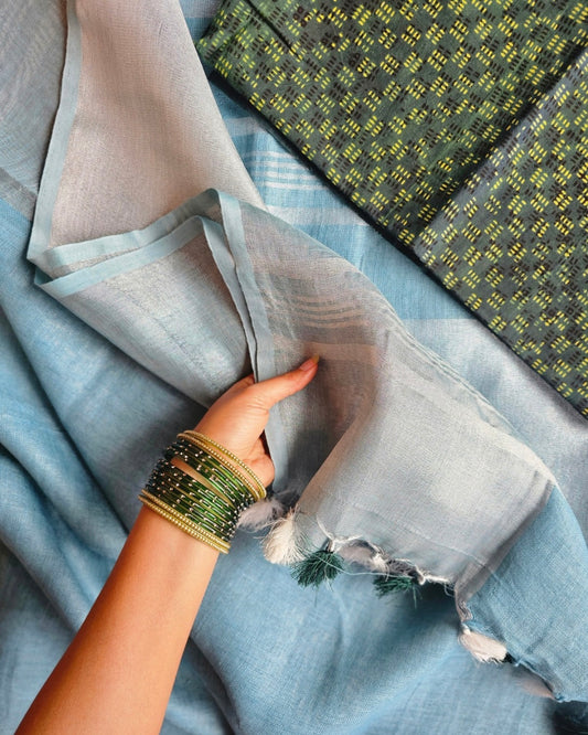 Chandni Ombre Linen Saree with Ajrakh Cotton Blouse - House of Amayra