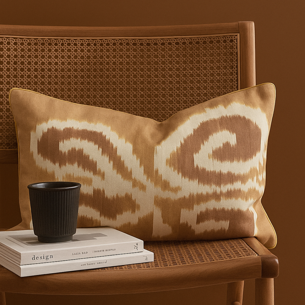 Golden Hibiscus Handwoven Ikat Cotton Cushion Cover | Premium 12x18 Inch Decorative Pillow | Bloc à Main India