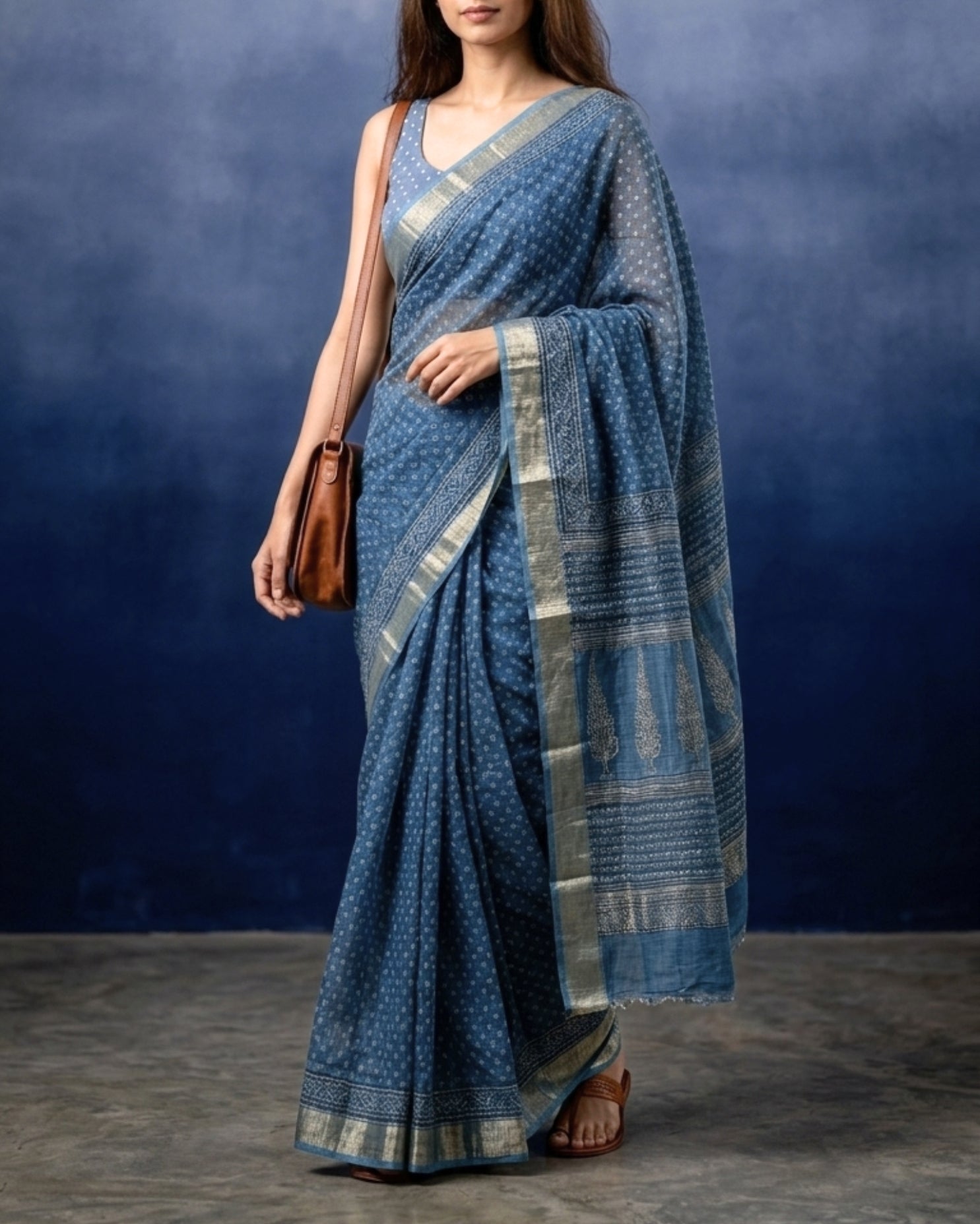 Azure Sky Ajrakh Kota Saree - Naturally Dyed - House of Amayra
