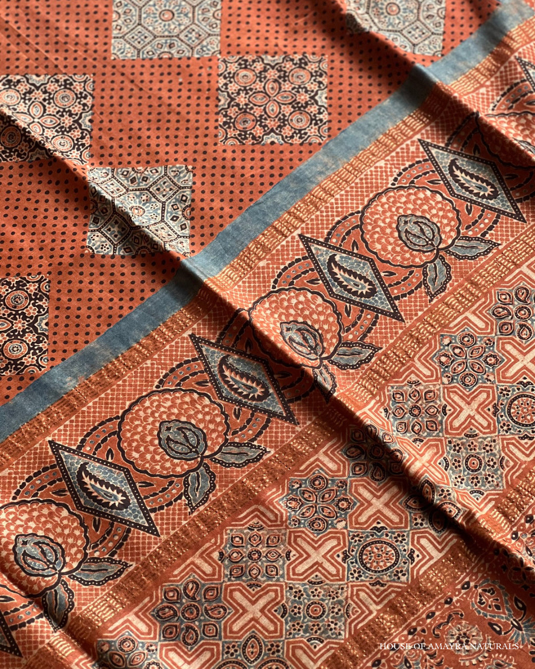 Laila Madder & Indigo Naturally Dyed Ajrakh Chanderi Saree - HOAN