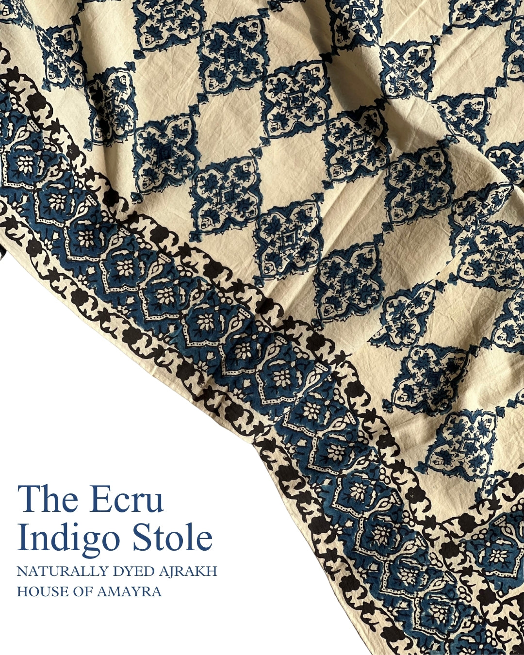 The Ecru Indigo Cotton Stole - House of Amayra