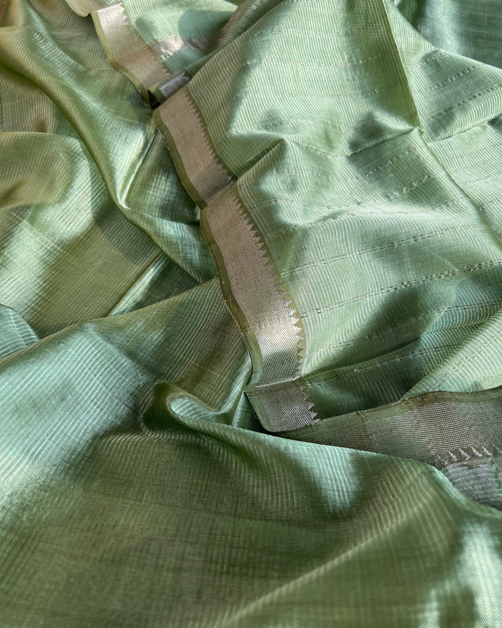 Sage Green Cotton Silk Mangalgiri with Nizam Border Saree by Asvi Atelier