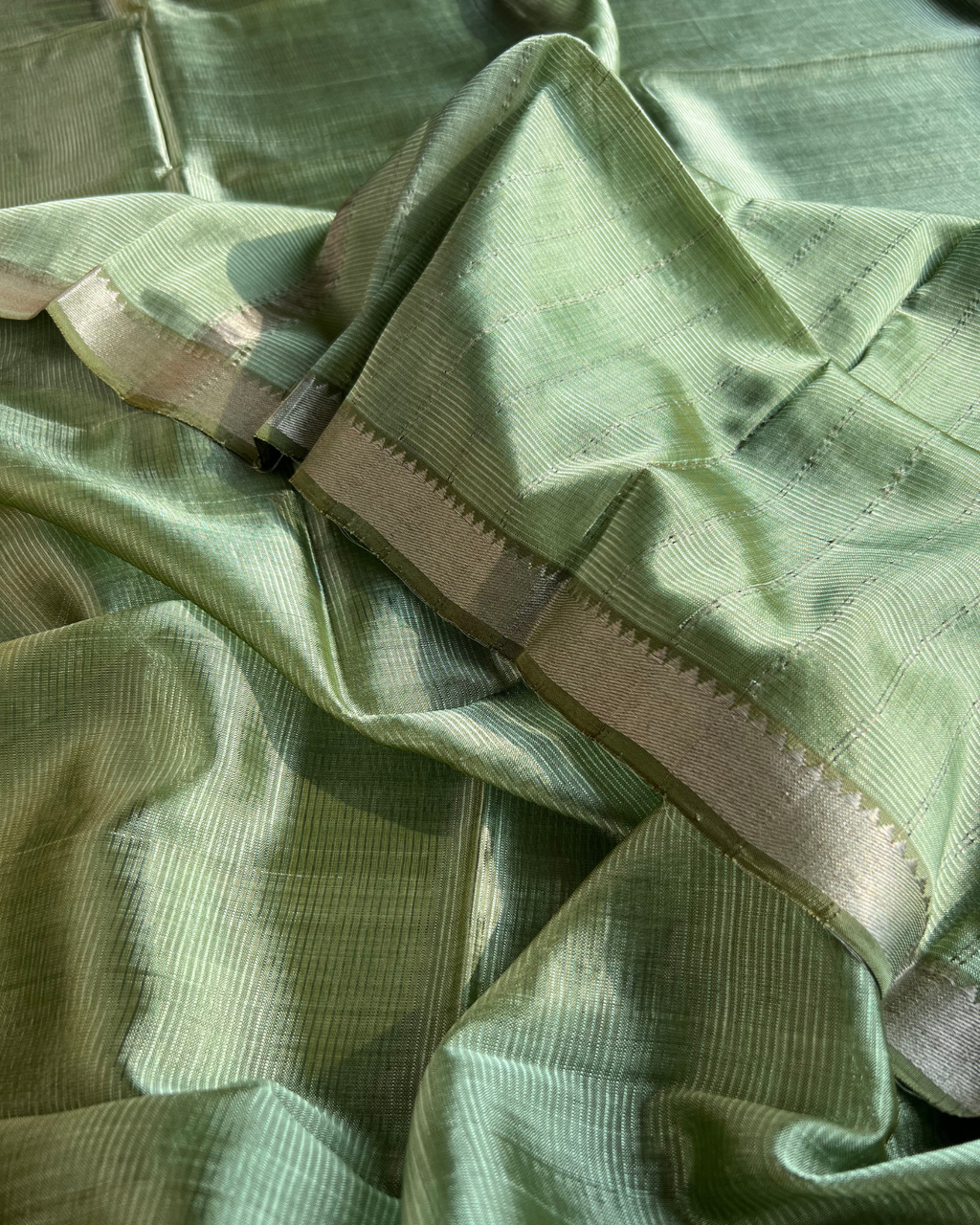 Sage Green Cotton Silk Mangalgiri with Nizam Border Saree by Asvi Atelier