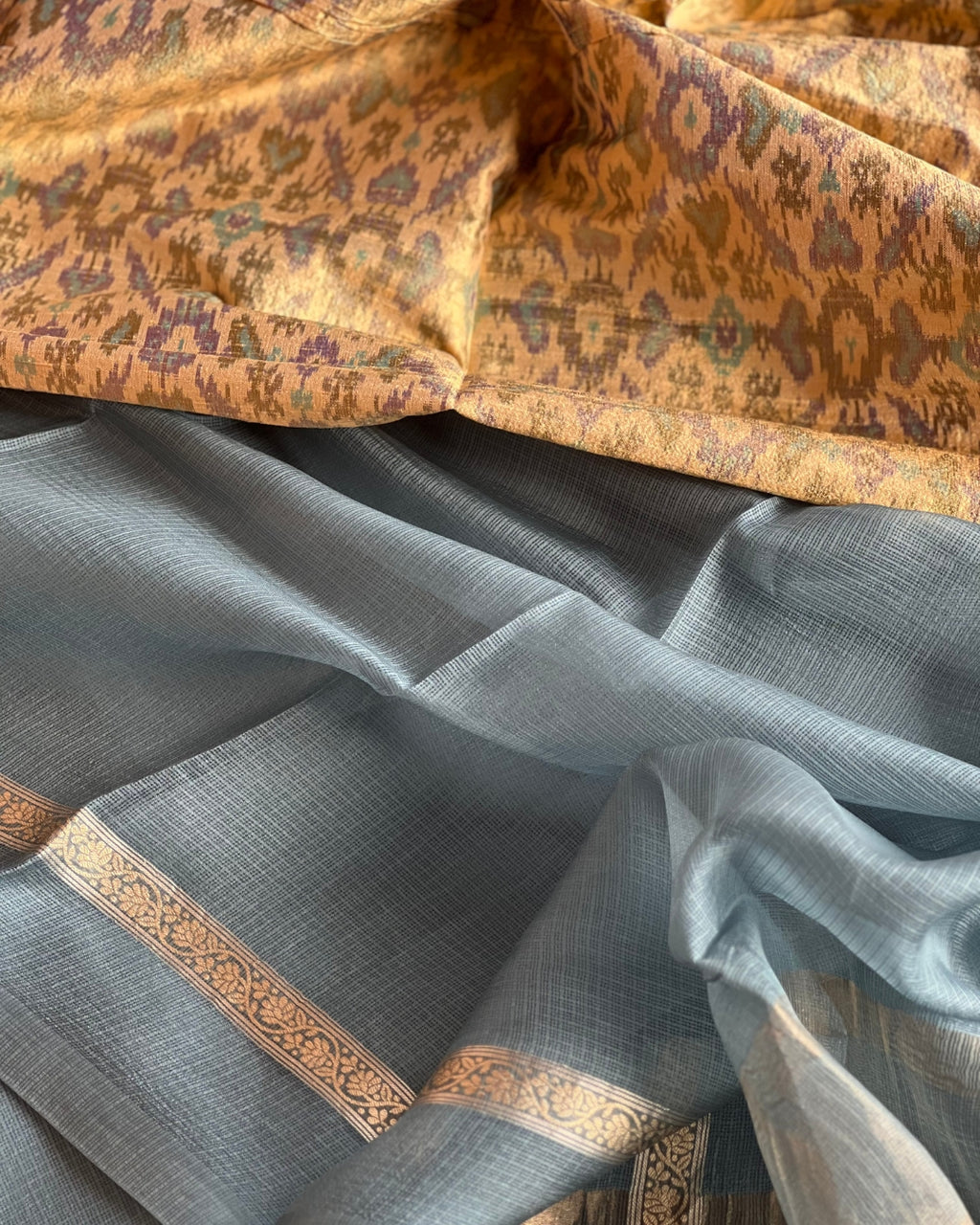Megh Kota Cotton Silk with Raw Silk Ikat Blouse - Summer Saree - House of Amayra