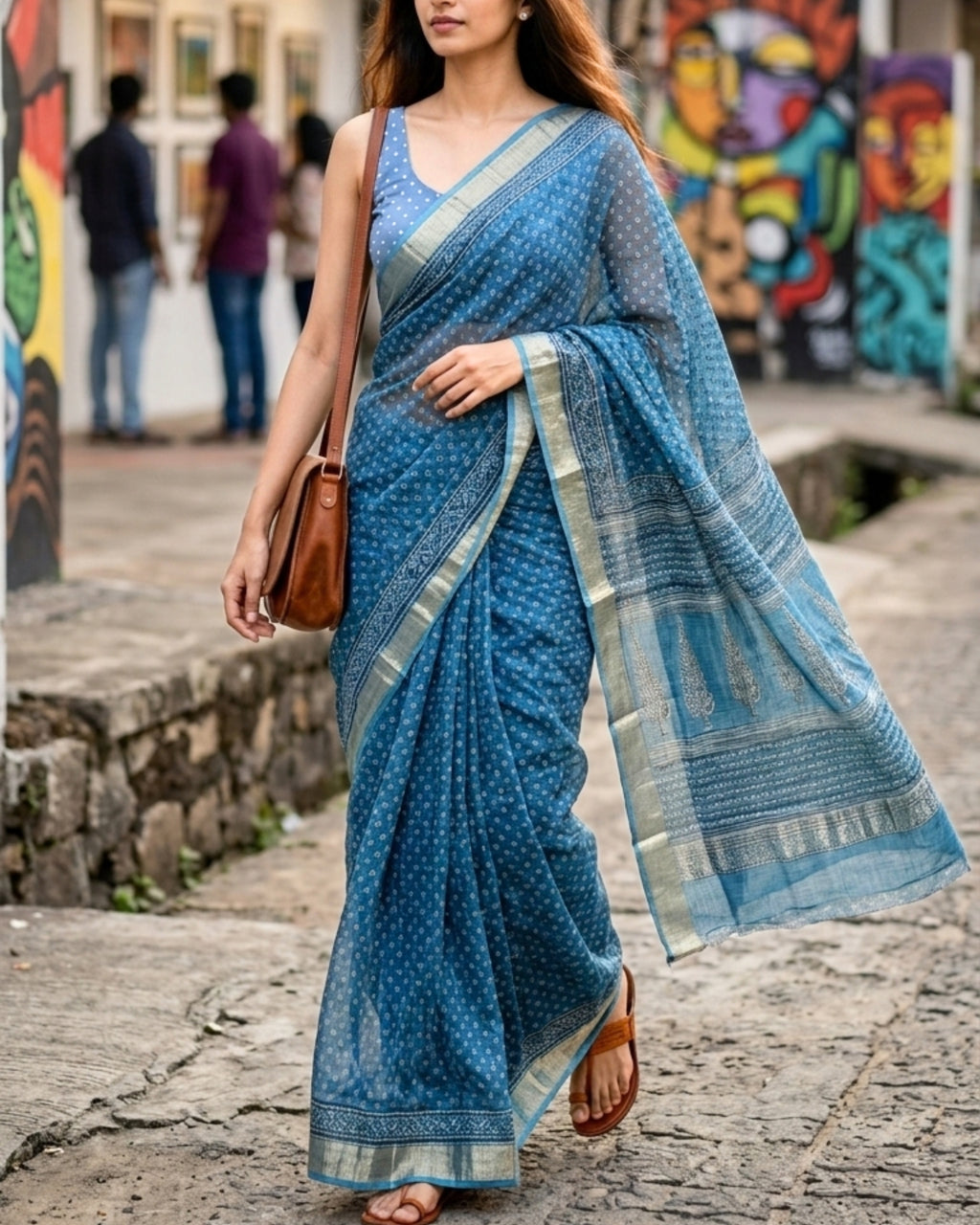 Azure Sky Ajrakh Kota Saree - Naturally Dyed - House of Amayra