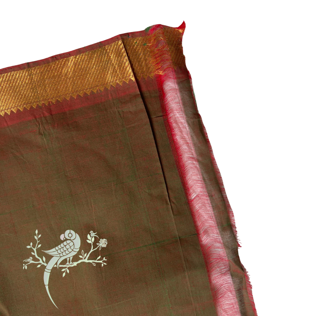 Apple Sage Jewel Mangalgiri Cotton Fabric with Gold Nizam Border by  Asvi Atelier