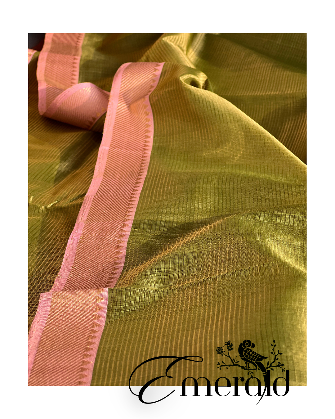 Emerald Bloom - Mehendi & Lotus Pink Cotton Silk Mangalgiri with Nizam Border Saree by Asvi Atelier