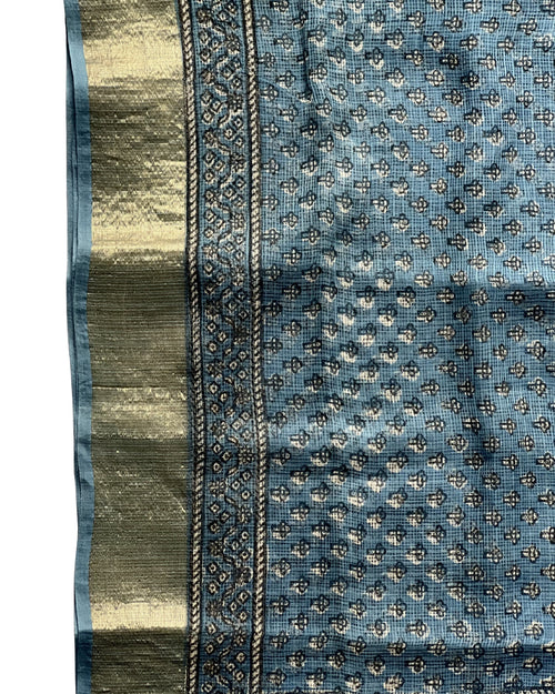 Azure Sky Ajrakh Kota Saree - Naturally Dyed - House of Amayra