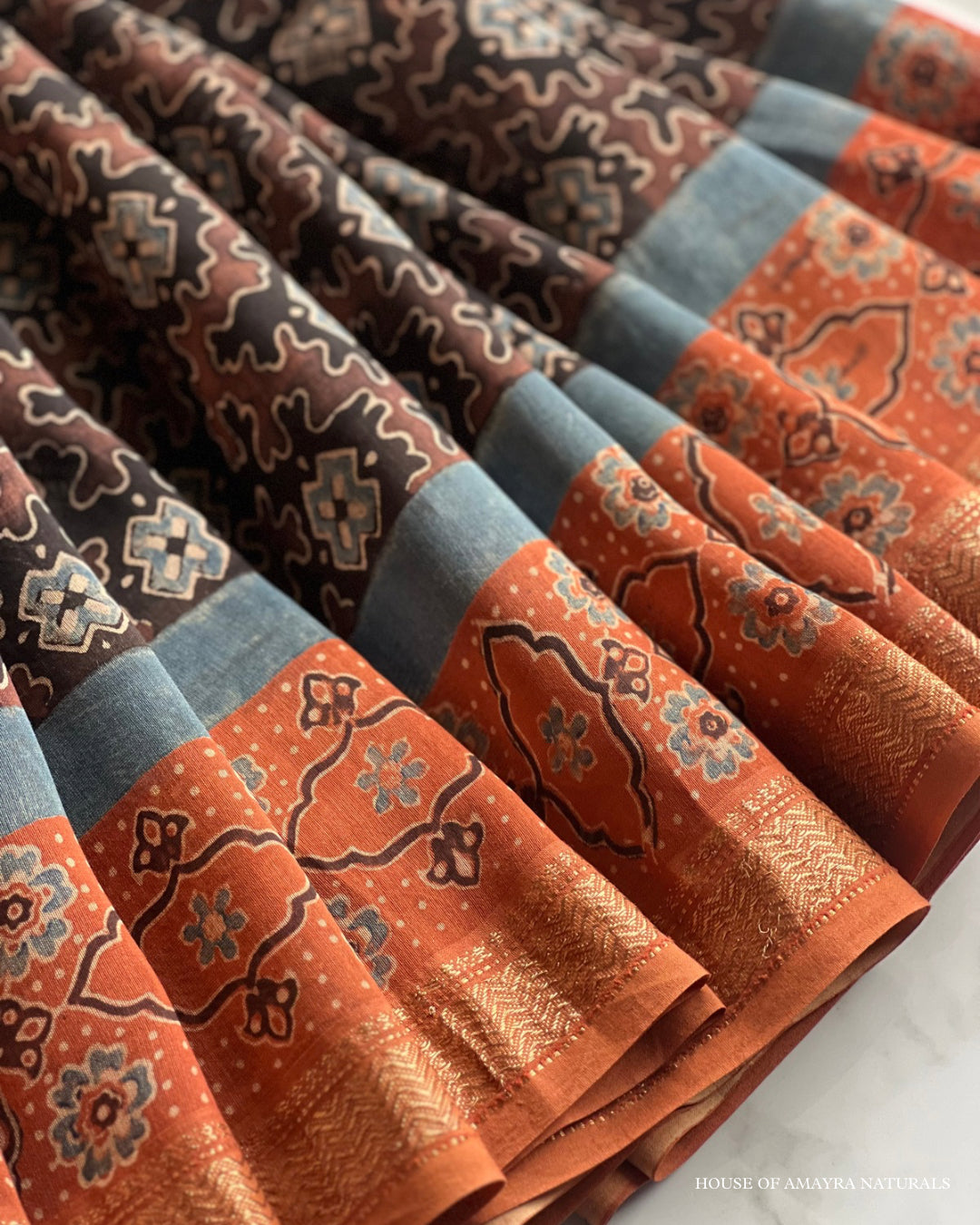 Laila Madder & Indigo Naturally Dyed Ajrakh Chanderi Saree - HOAN