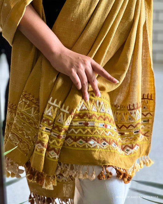 Peelo Rabari Hand Embroidery Kala Cotton Dupatta - HOAN