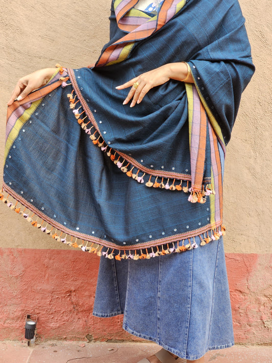 Adbhut Kala Cotton and Merino with Mirror Embroidery Bhujodi Weave Dupatta - House of Amayra Naturals