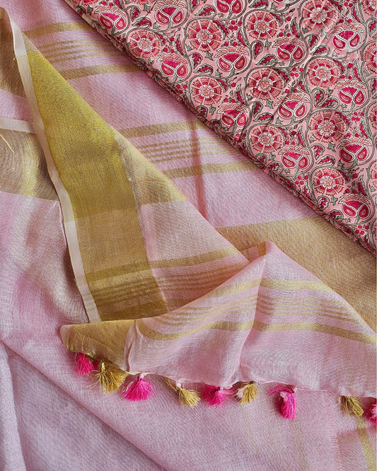 Silsila Ombre Linen Saree with Hand block Cotton Blouse - House of Amayra