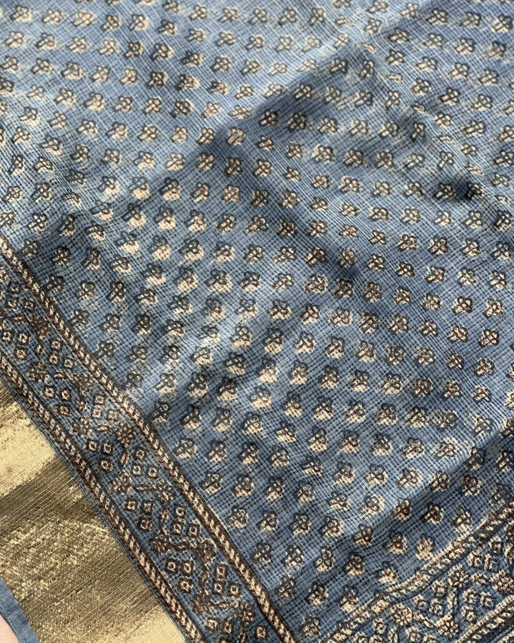 Azure Sky Ajrakh Kota Saree - Naturally Dyed - House of Amayra