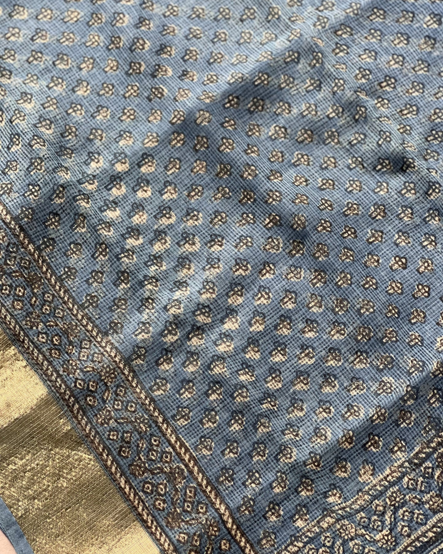 Azure Sky Ajrakh Kota Saree - Naturally Dyed - House of Amayra