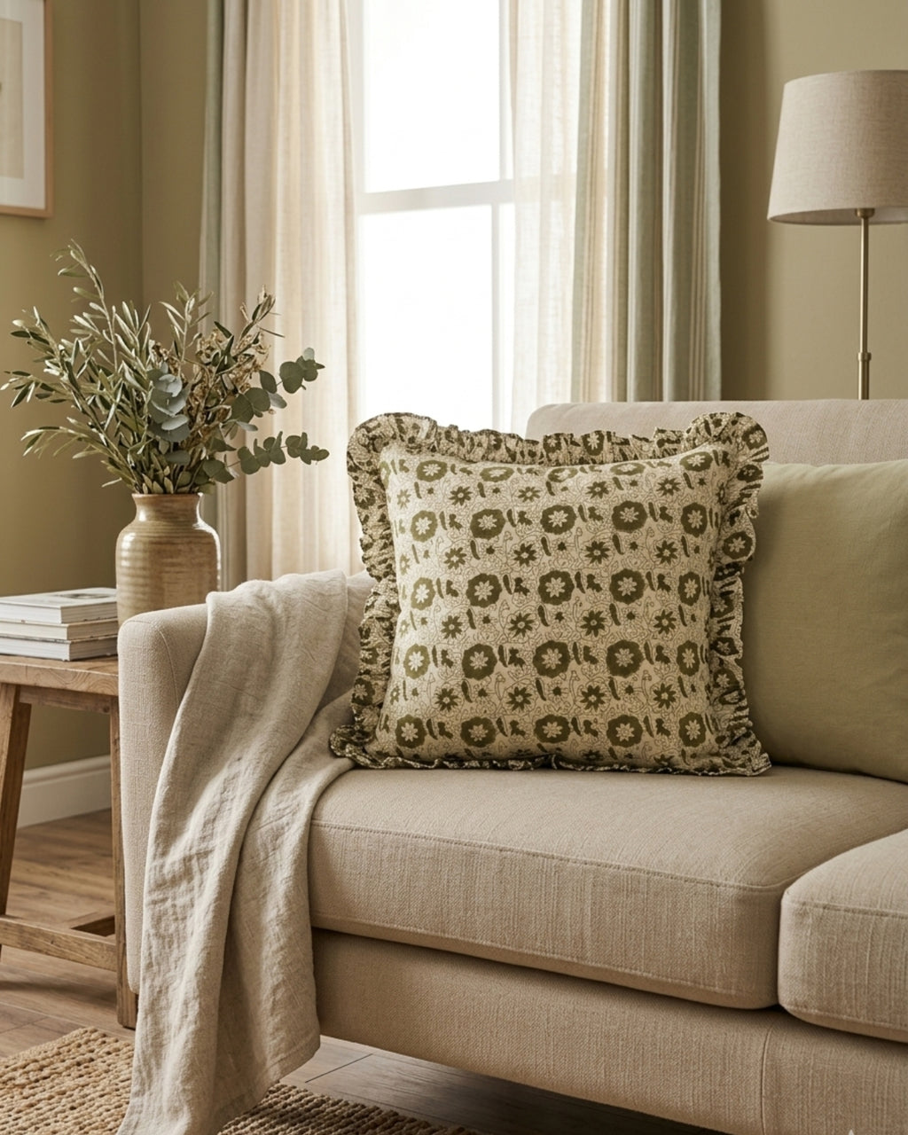 Olive Symphony Hand Block Cotton Frill Cushion Cover - 20 X 20 inch - House of Amayra