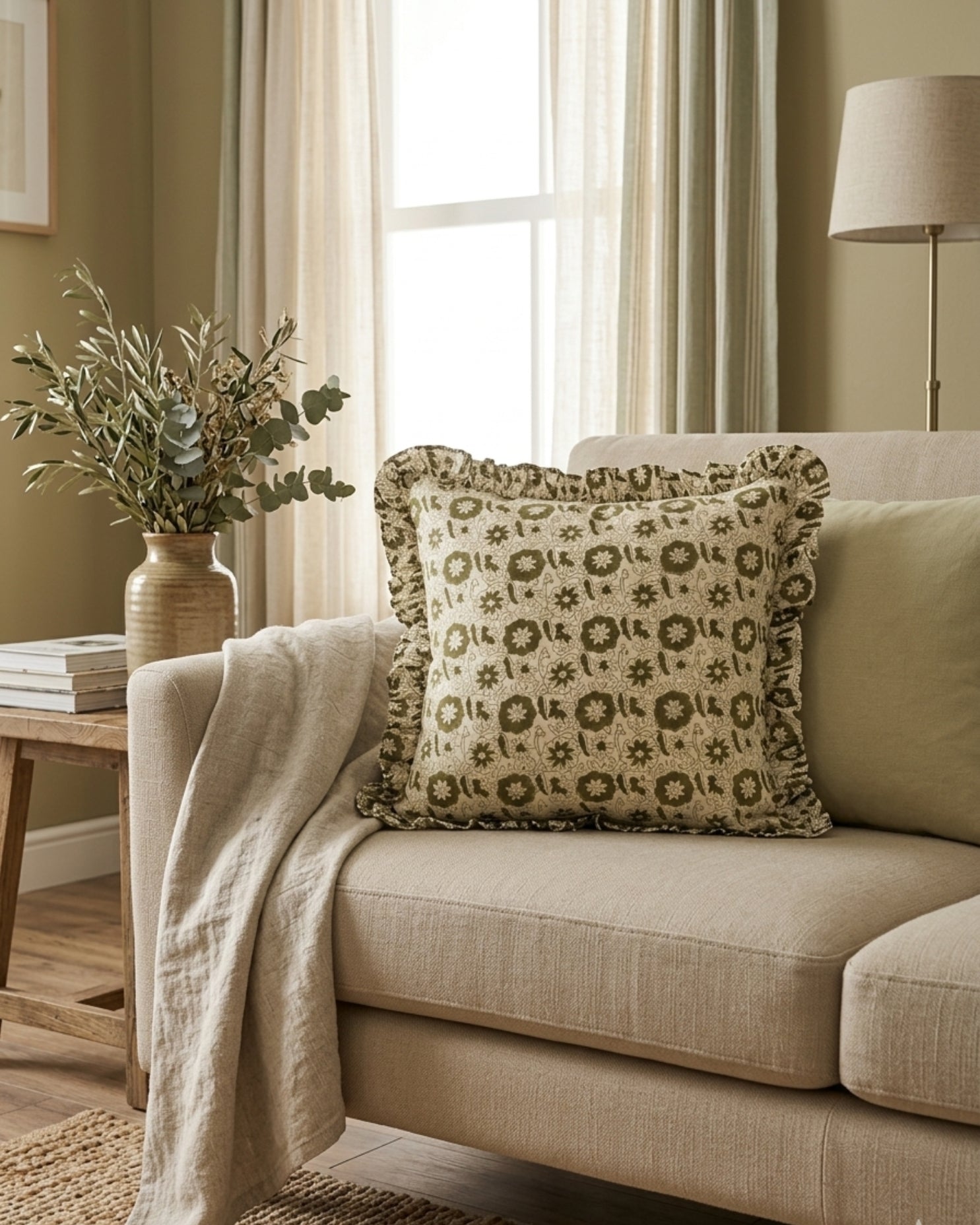 Olive Symphony Hand Block Cotton Frill Cushion Cover - 20 X 20 inch - House of Amayra
