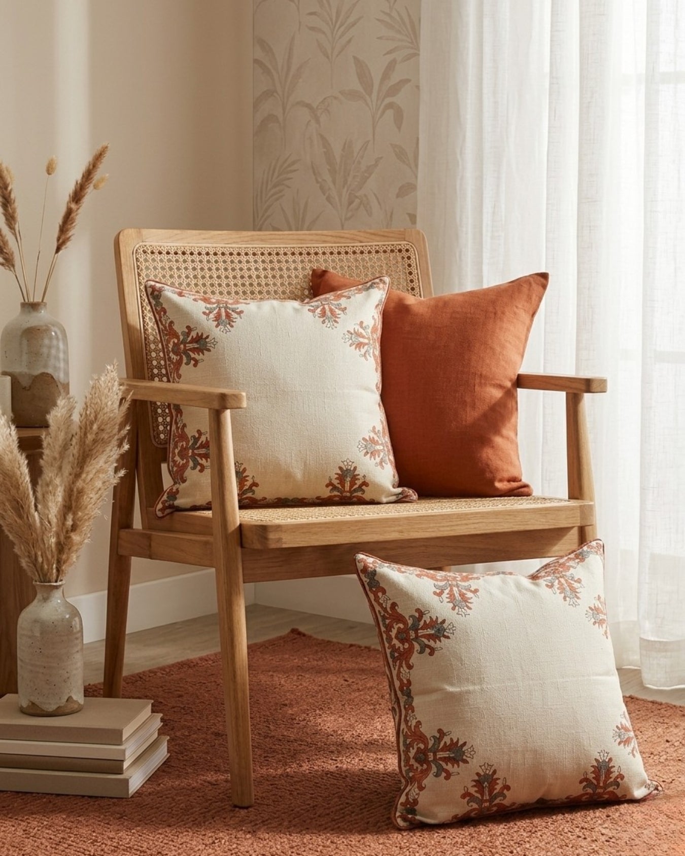 Tuscany Border Hand Block Cushion Cover - 20X20 inch - House of Amayra