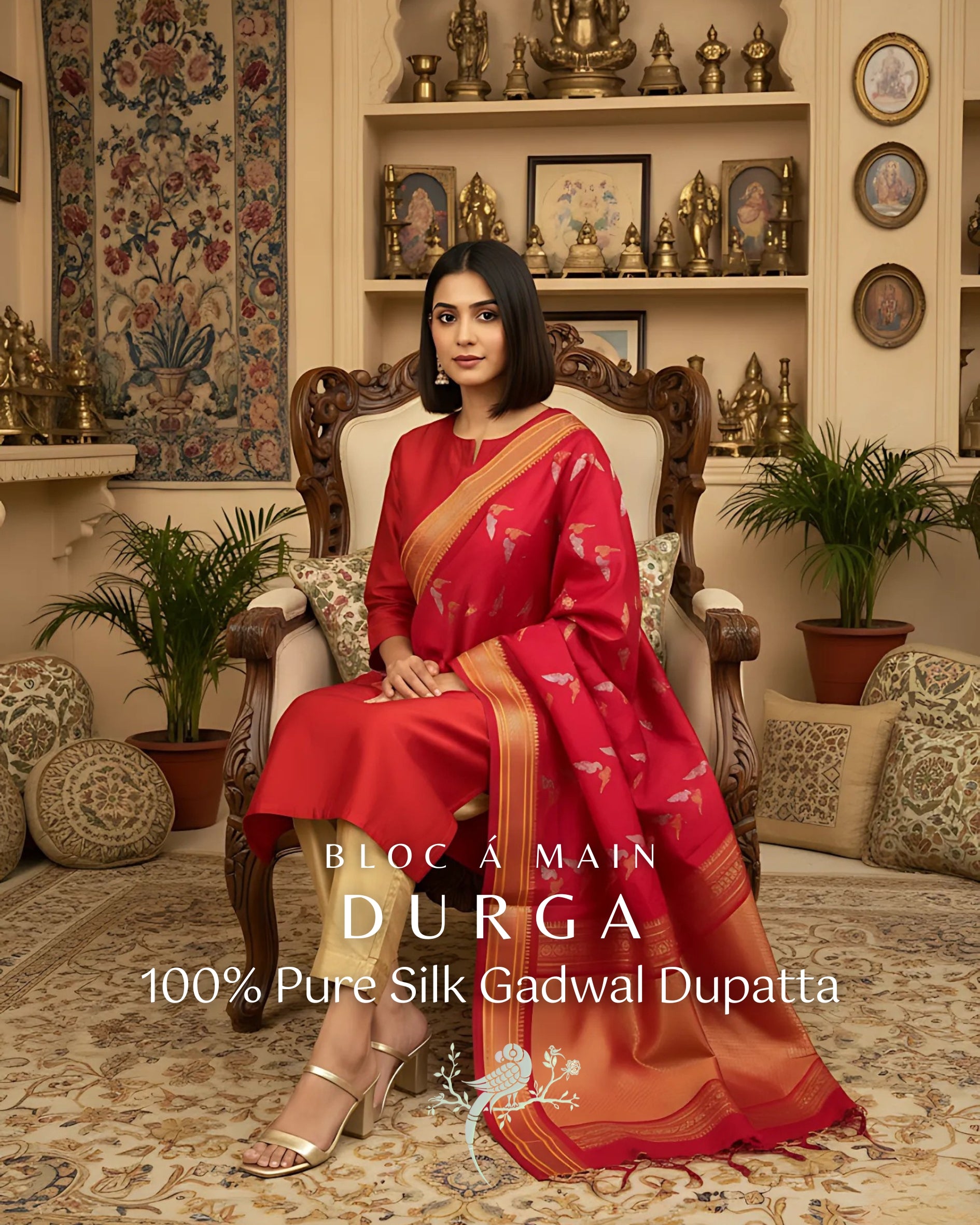 Durga - The Bridal Red Gadwal Silk Dupatta with Zari Weave by Asvi Atelier