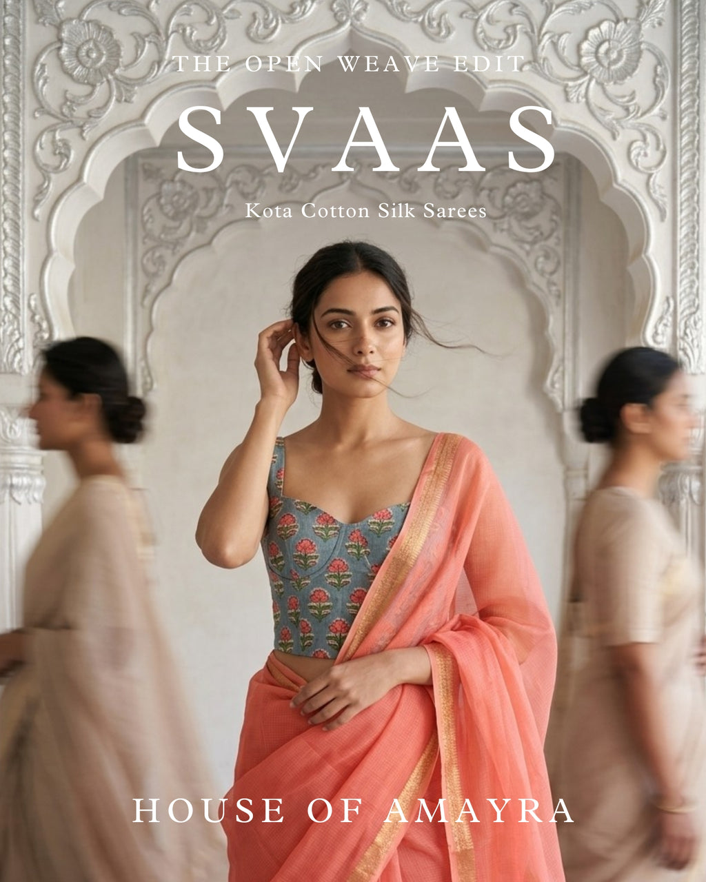 Peach Dreams Kota Cotton Silk with Handblock Cotton Blouse - Summer Saree - House of Amayra