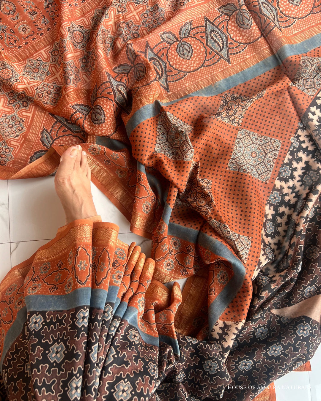 Laila Madder & Indigo Naturally Dyed Ajrakh Chanderi Saree - HOAN