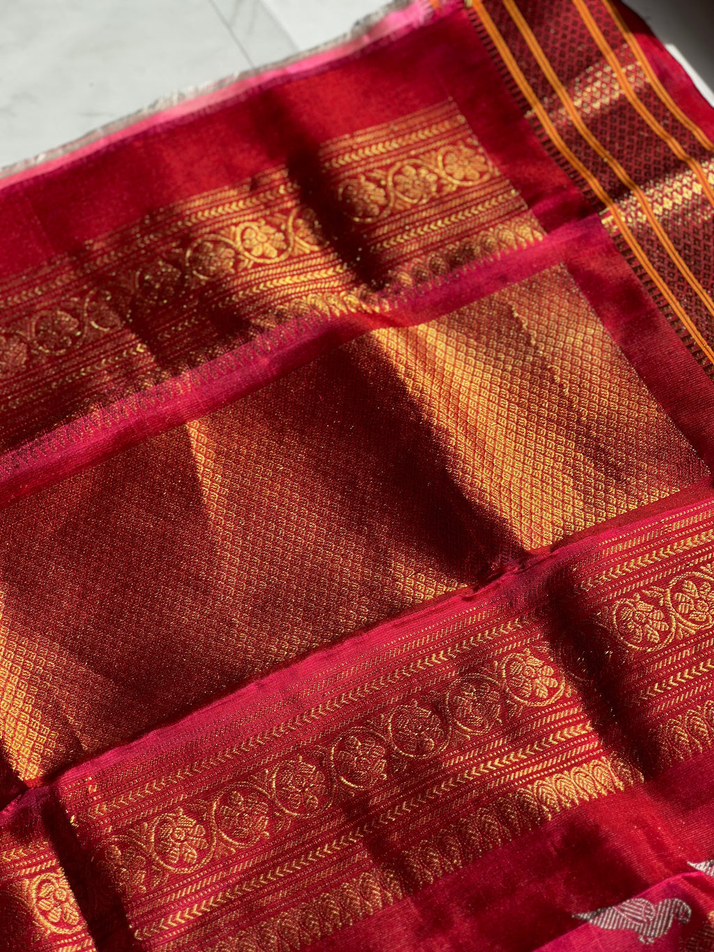 Durga - The Bridal Red Gadwal Silk Dupatta with Zari Weave by Asvi Atelier