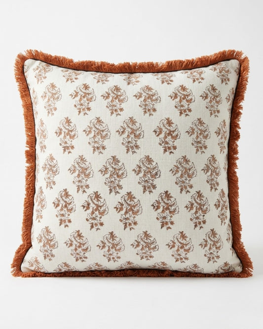Coral Jaipur Cotton Gauze Frill Hand Block Cushion Cover - House of Amayra