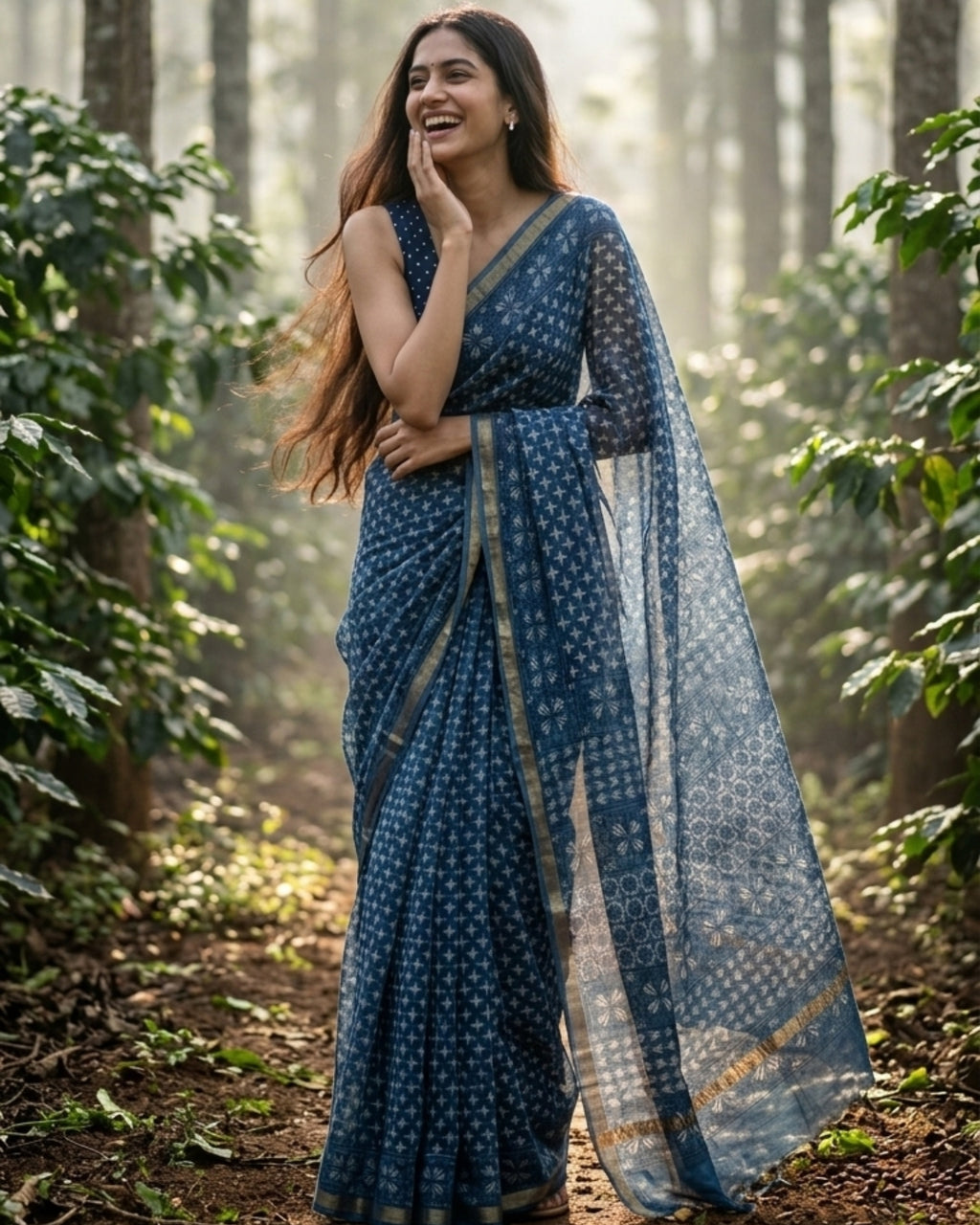Indigo Jali Ajrakh Kota Saree - Naturally Dyed - House of Amayra