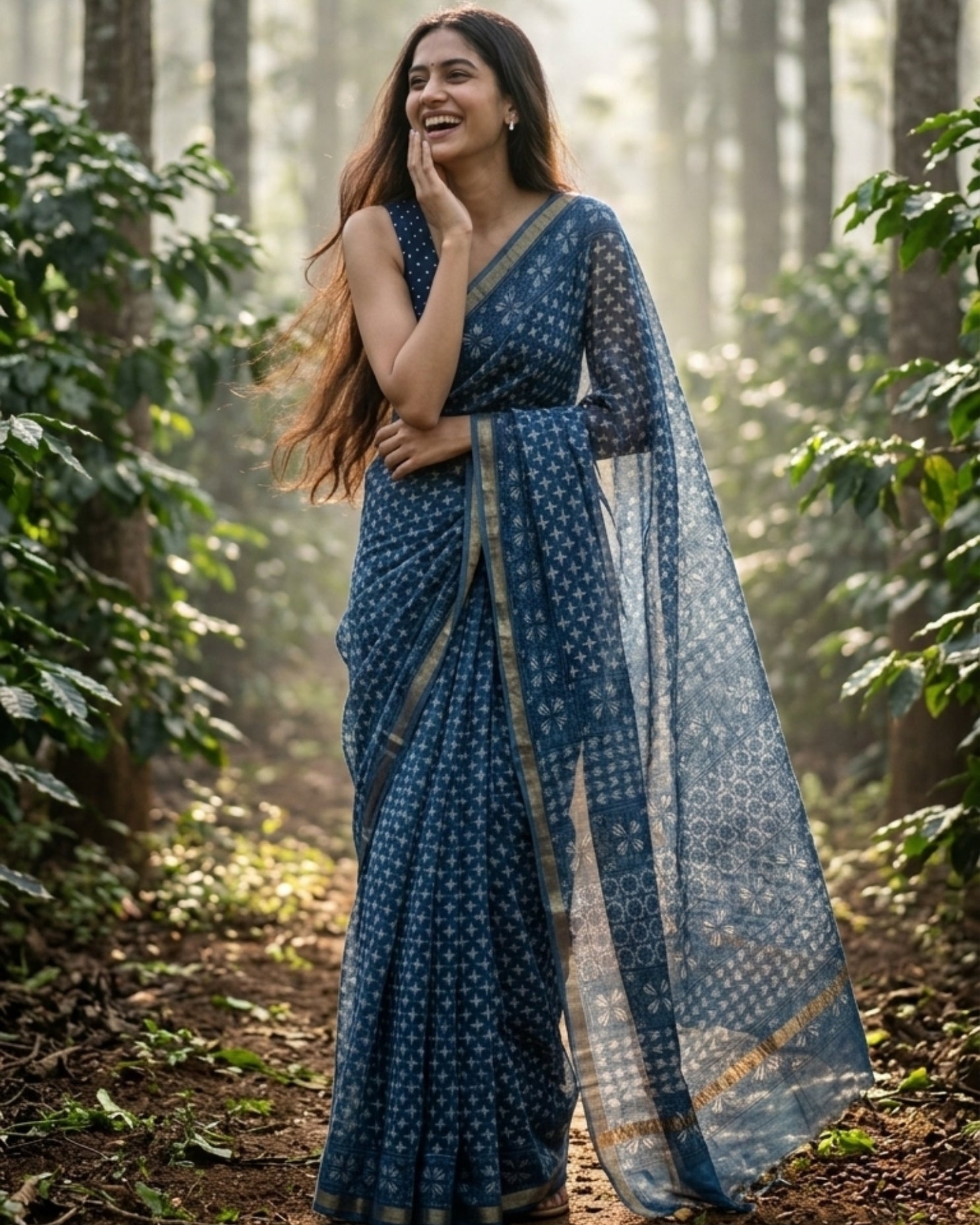 Indigo Jali Ajrakh Kota Saree - Naturally Dyed - House of Amayra
