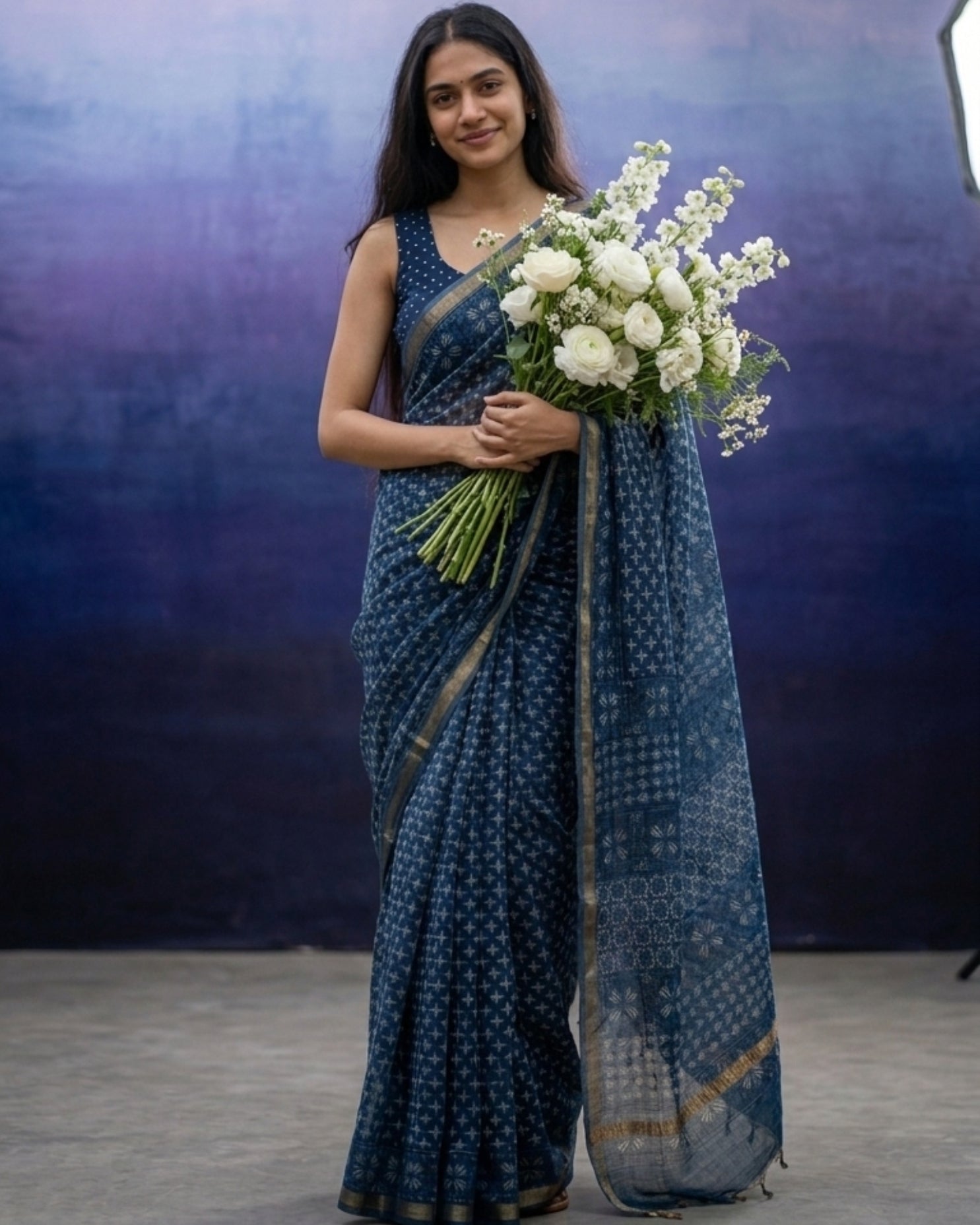 Indigo Jali Ajrakh Kota Saree - Naturally Dyed - House of Amayra