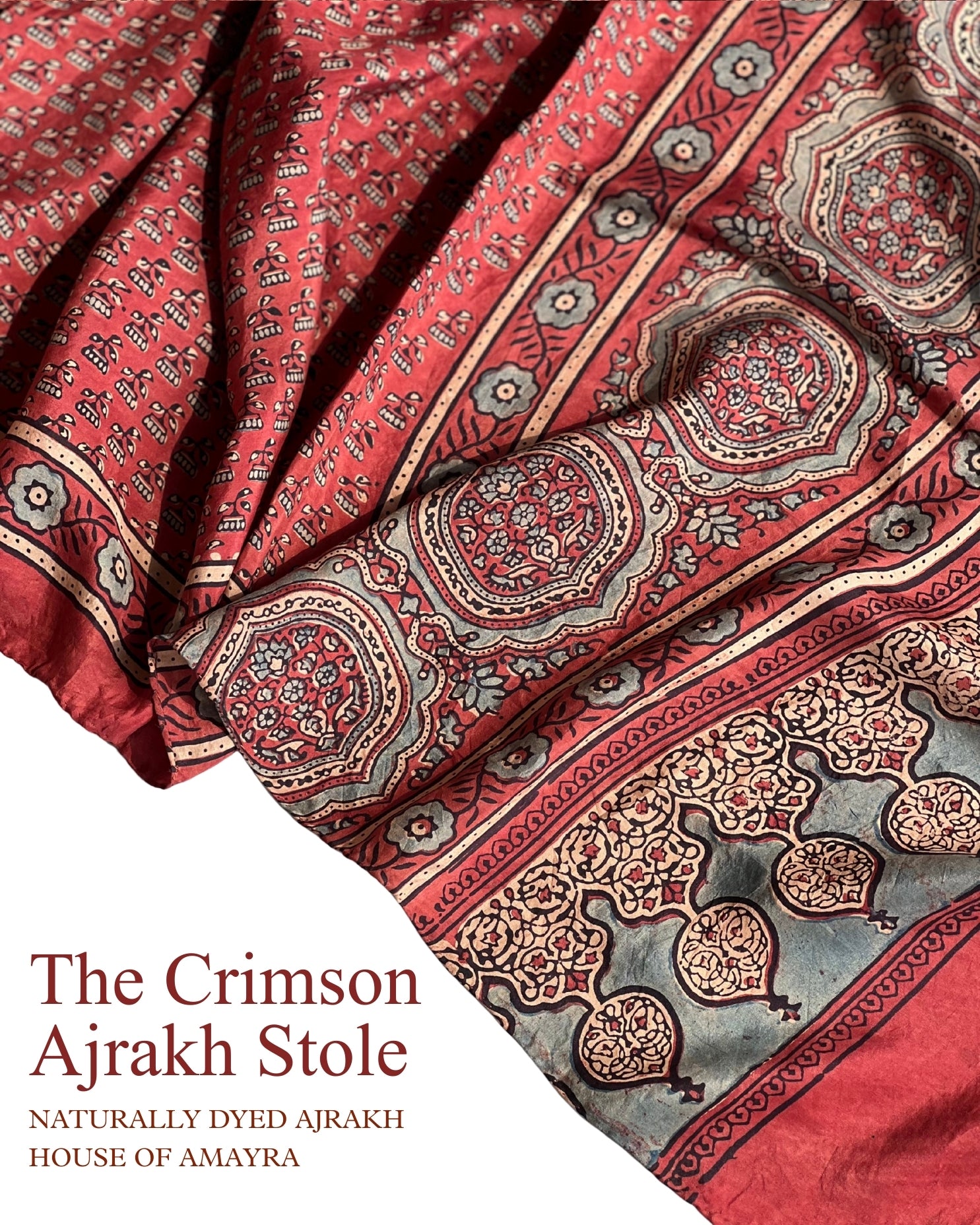 The Crimson Ajrakh Mulberry Stole - House of Amayra