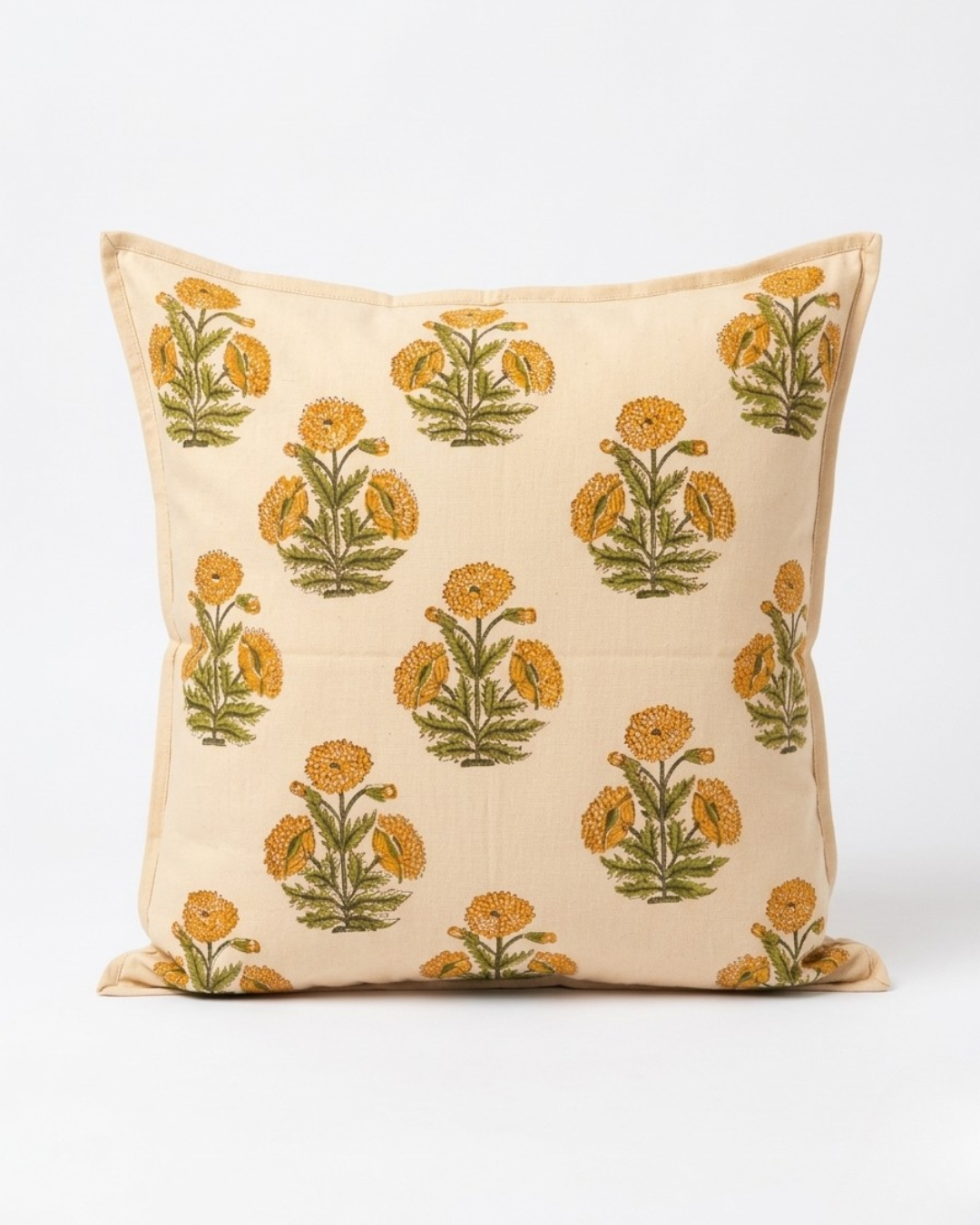 Indian Marigold Cushion Cover - Handblock Cotton - 20X20 inch - House of Amayra