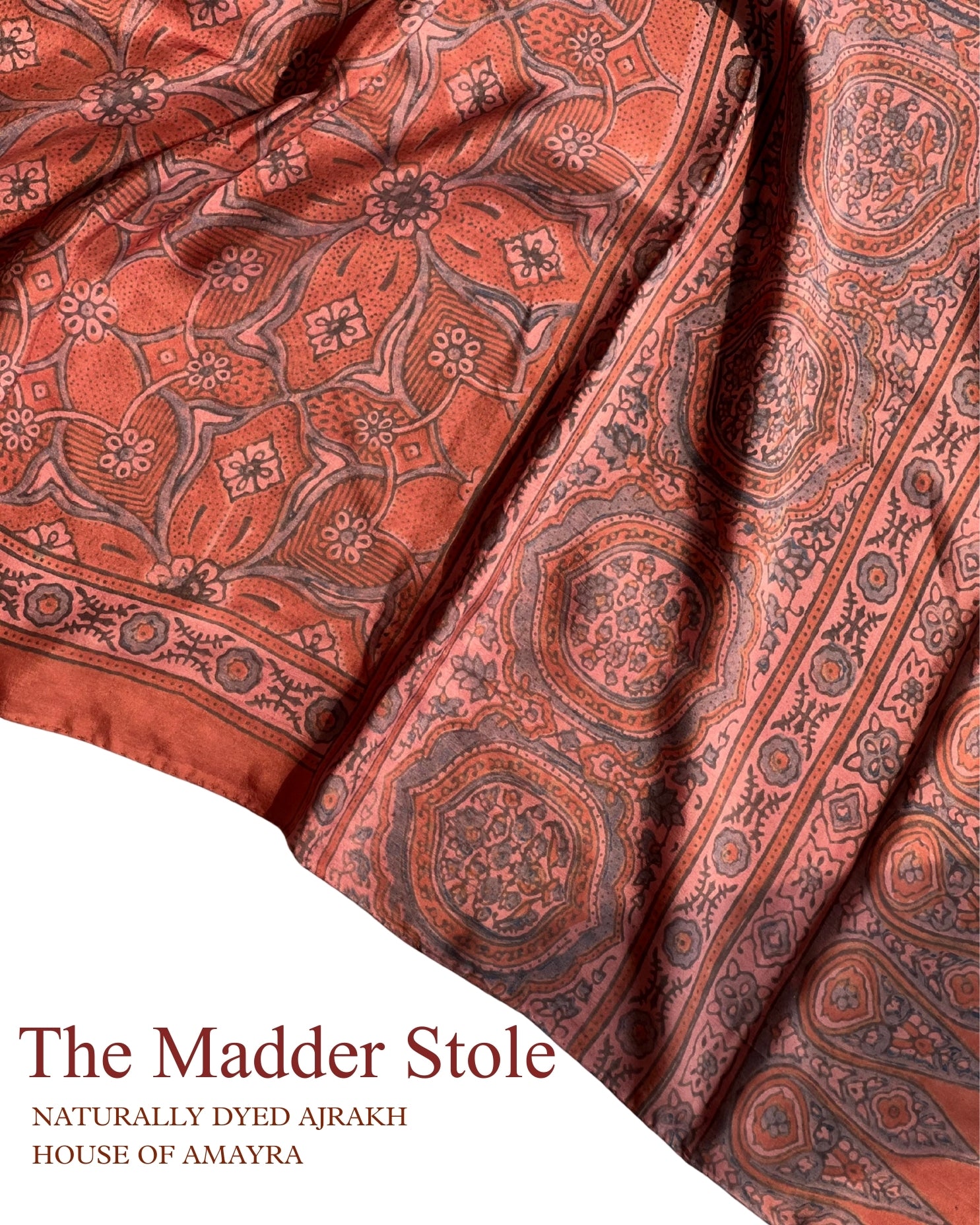 The Madder Ajrakh Mulberry Stole - House of Amayra