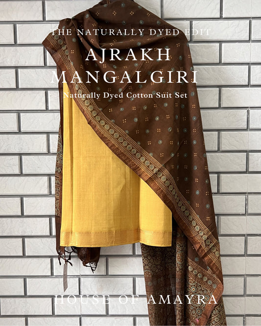 Pihu Naturally Dyed Ajrakh Mangalgiri Cotton Suit Set - HOAN