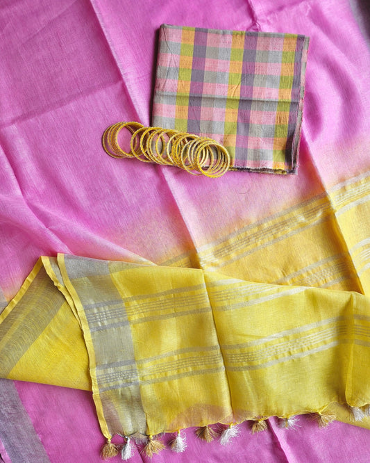 Gulabo Ombre Linen Saree with Handspun Cotton Blouse - House of Amayra