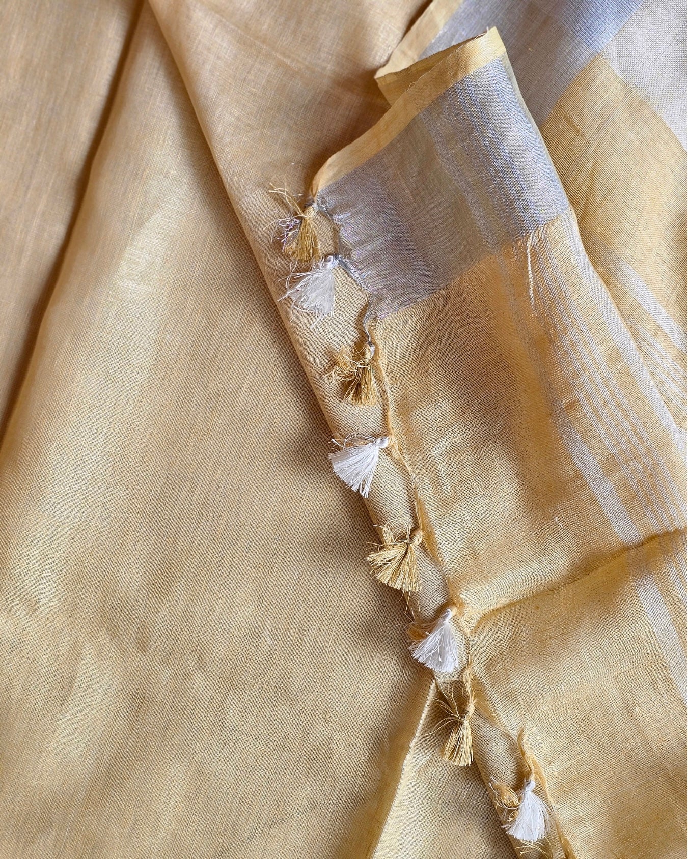 Rekha Ecru Linen Saree with Ikat Silk Blouse - House of Amayra