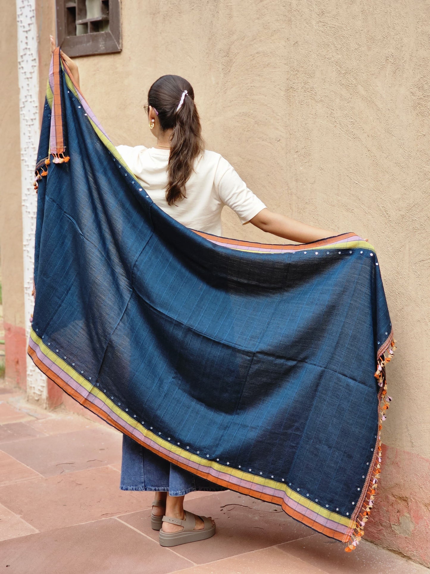Adbhut Kala Cotton and Merino with Mirror Embroidery Bhujodi Weave Dupatta - House of Amayra Naturals